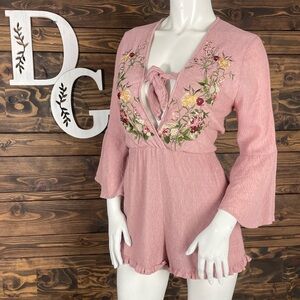 Altard State | Floral Embroidered Romper Ruffle‎ Trim Deep Plunge V-Neck Blush